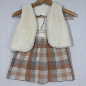 Faux Fur Vest w/Plaid Skirt Girls S (5/6) Academia Preppy Classic Party Holiday